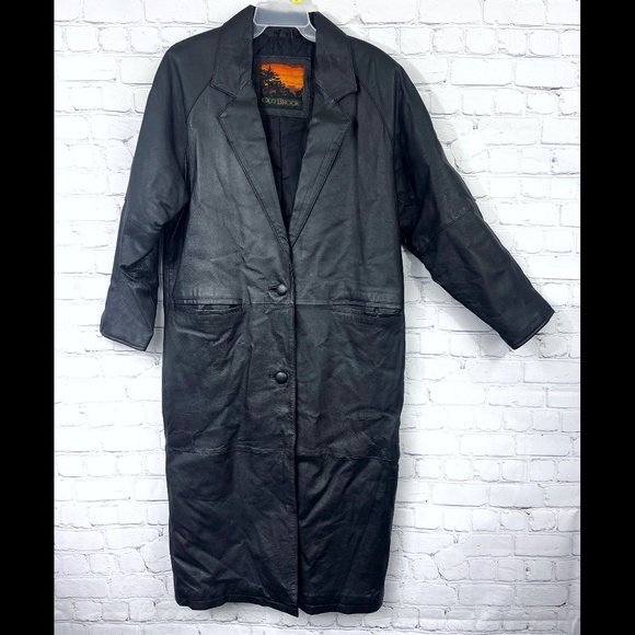 |•OAKBROOK•| Vintage Black Leather Full Length/Long Black Coat/Jacket Size Small - Picture 5 of 16